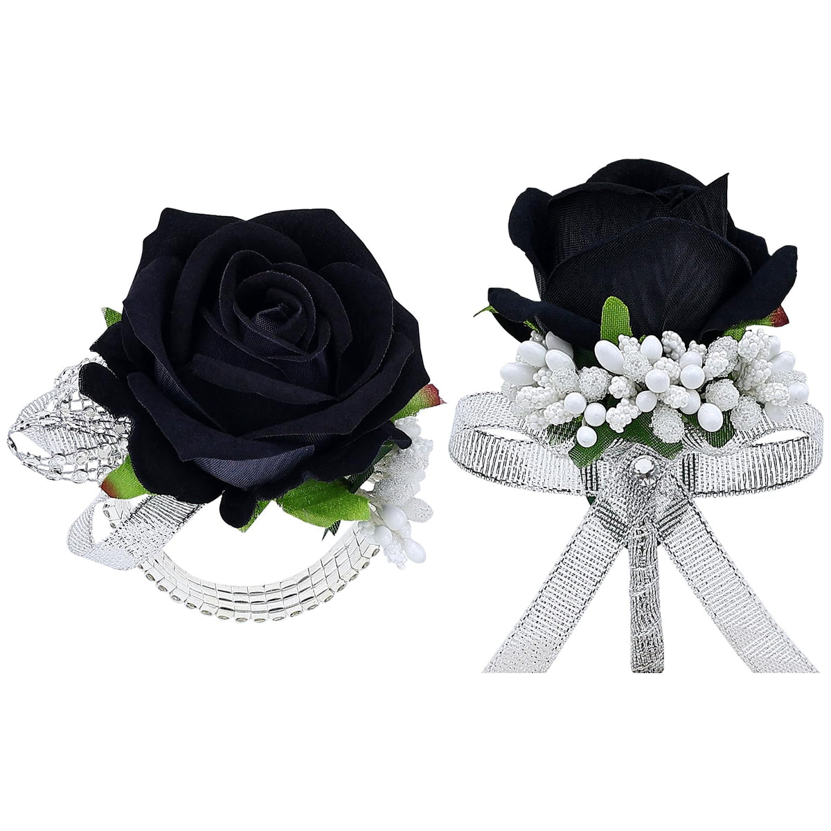 2Pcs Black Rose Corsage and Men Boutonniere Set Women Wristlet Band Wrist Bracelets, for Prom Wedding Ceremony Flowers Decorations and Homecoming Party Accessories