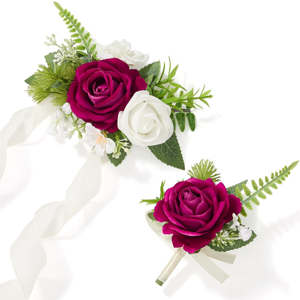 Alecono Burgundy Corsage and Boutonniere Set Red Black Rose Wristlet
