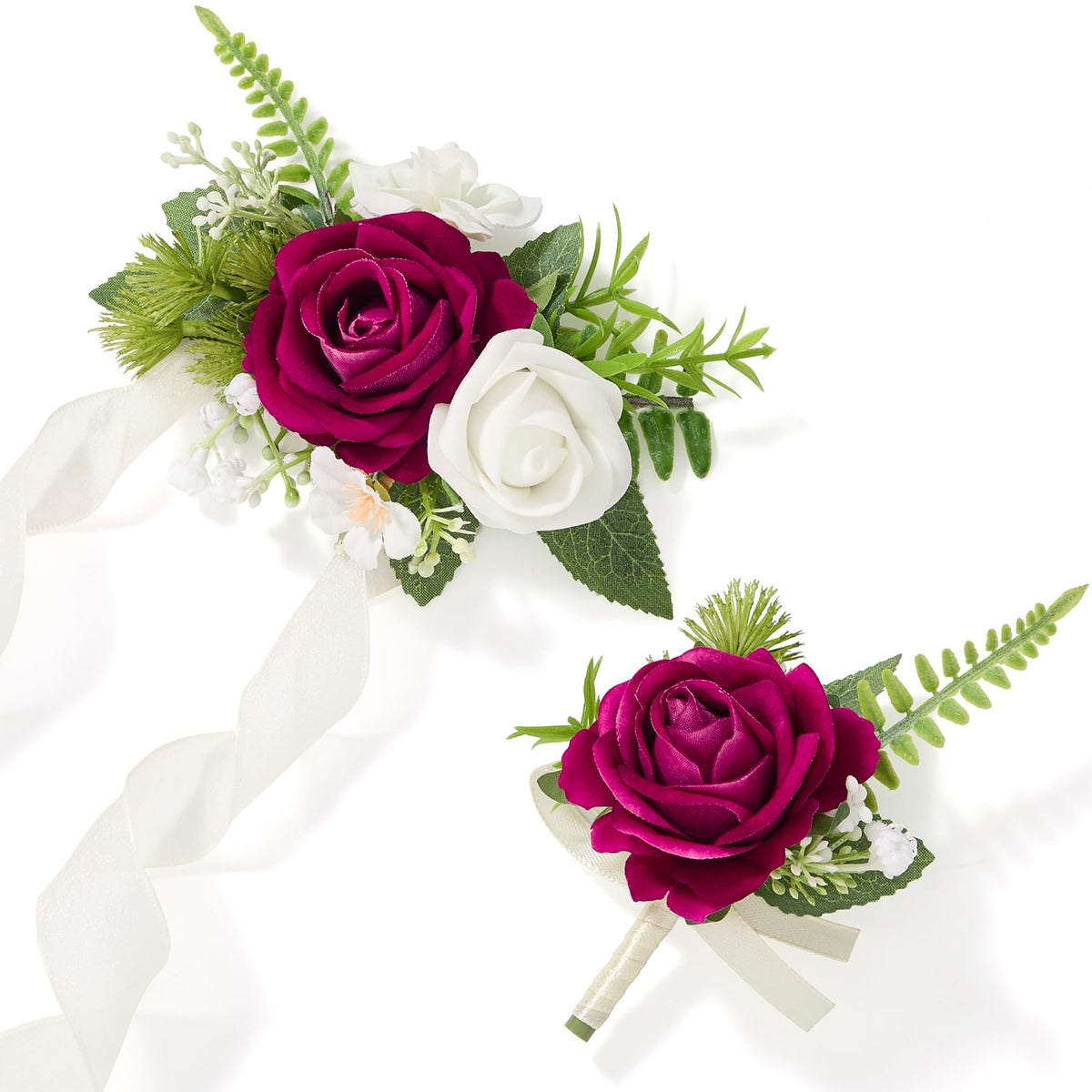 Alecono Burgundy Corsage and Boutonniere Set Red Black Rose Wristlet