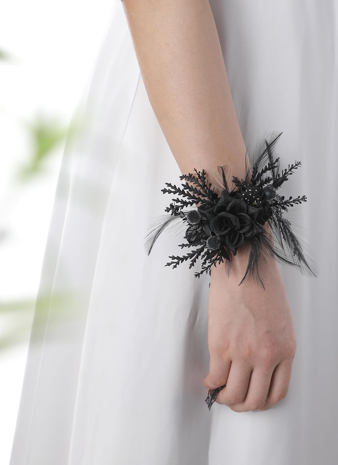 Corsage and Boutonniere Set - Black Wristlet for Men Prom Dark Wrist Corsage for Goth Wedding Ceremony
