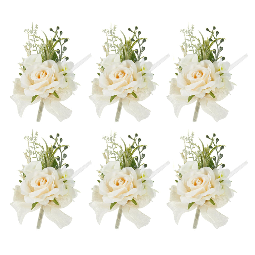 6Pcs Ivory White Faux Rose Wrist Corsages for Wedding, Dance Party