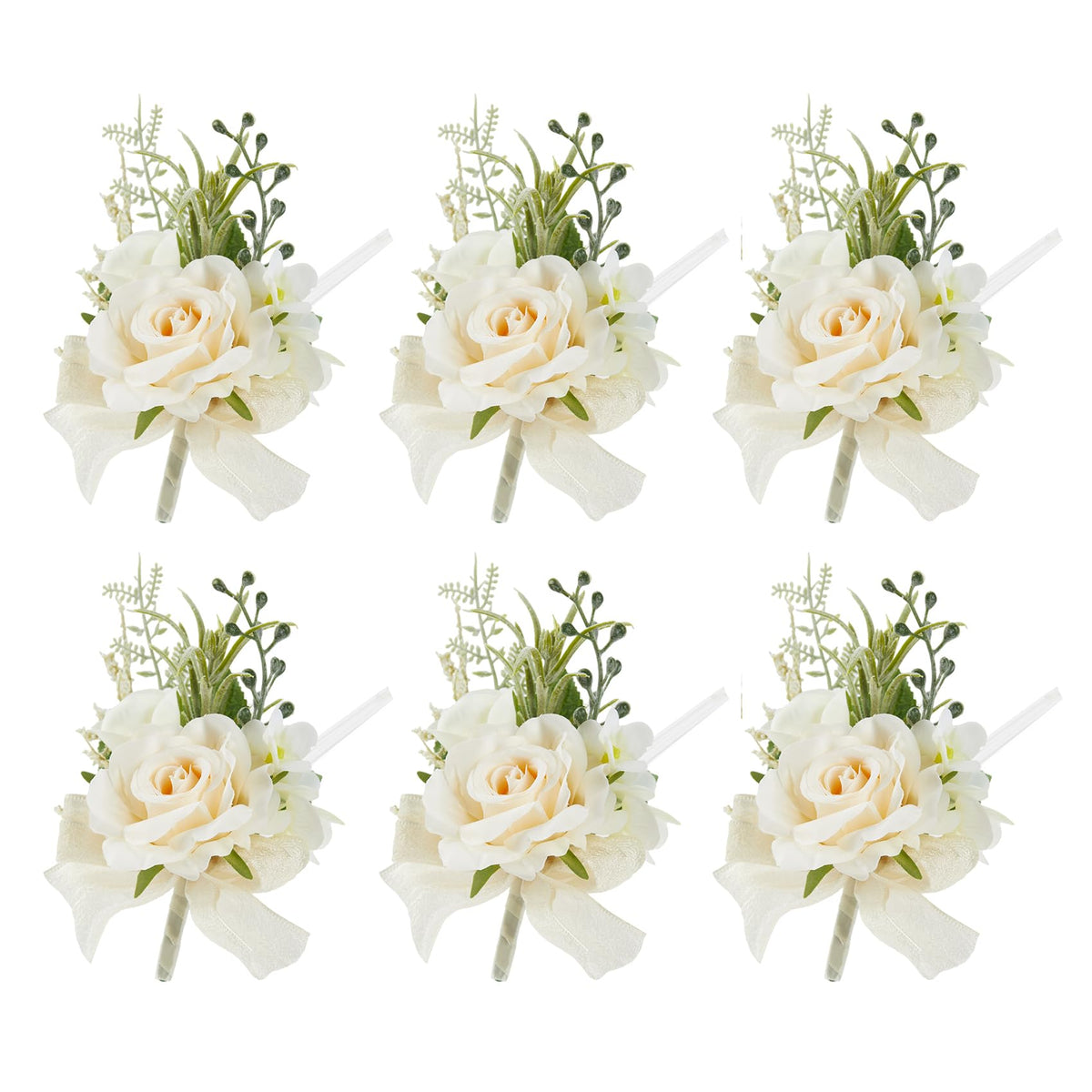 6Pcs Ivory White Faux Rose Wrist Corsages for Wedding, Dance Party