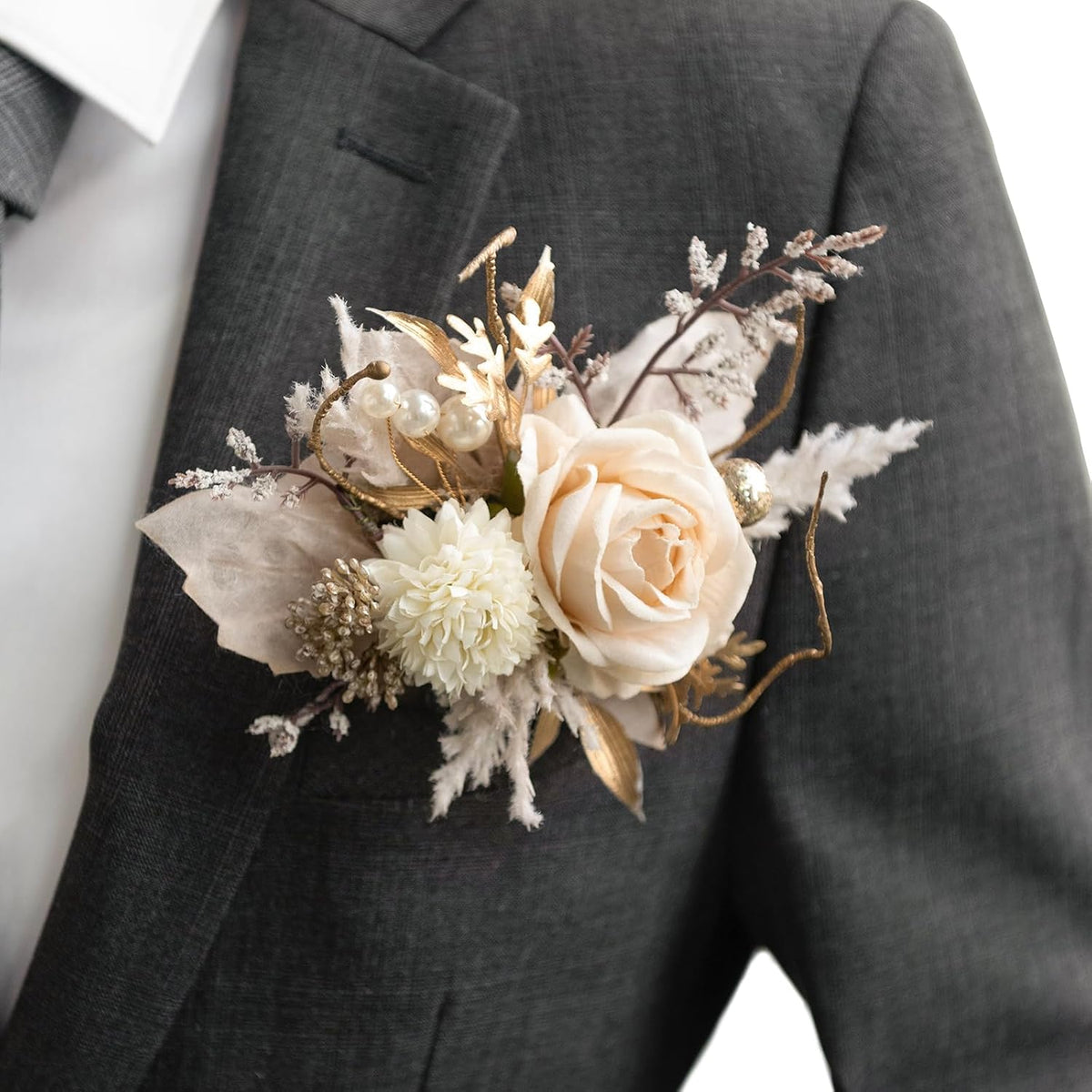 Ling's Moment Boutonniere for Men with Pin, White Ranunculus Ivory, 6"Wx5"H