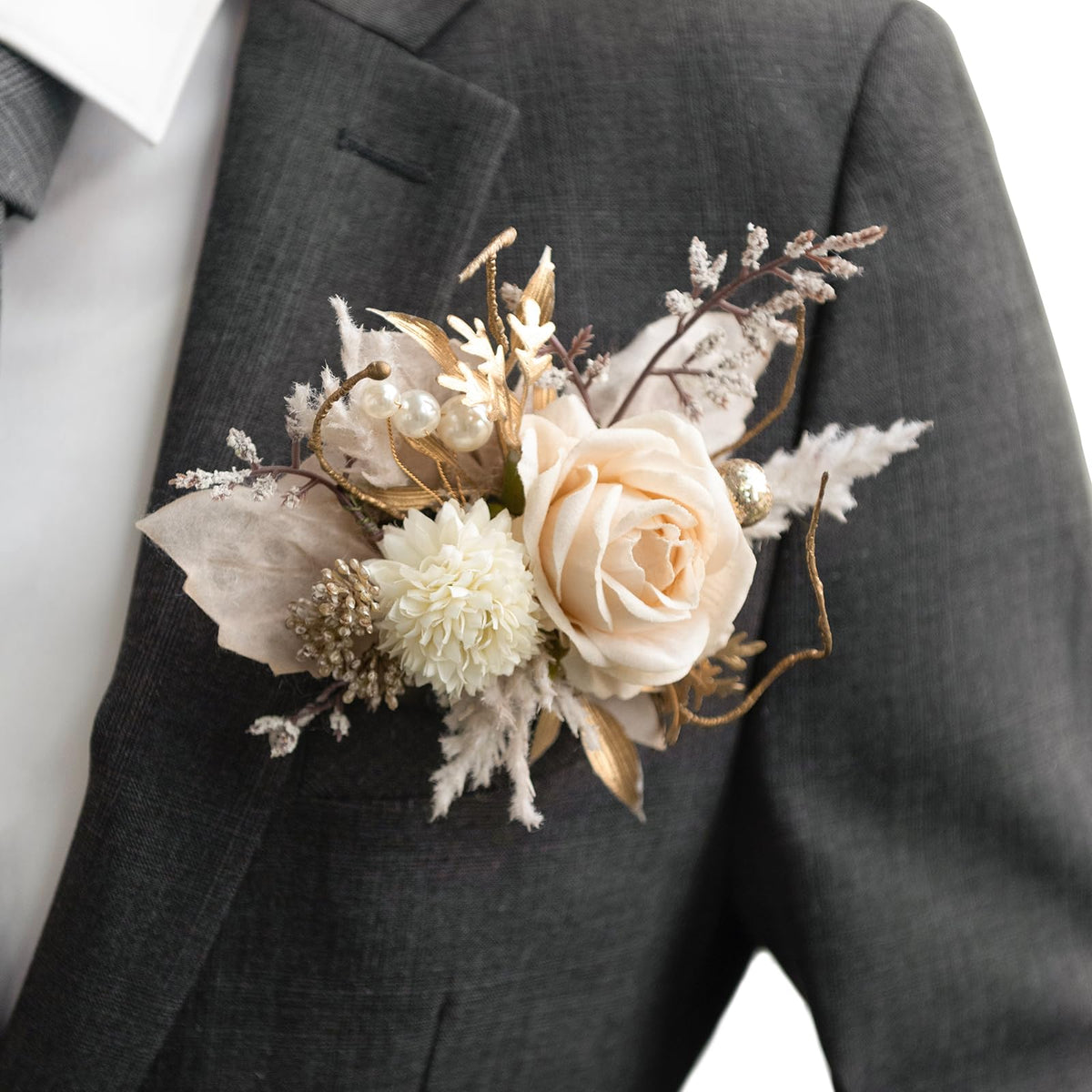 Ling's Moment Boutonniere for Men with Pin, White Ranunculus Ivory, 6"Wx5"H