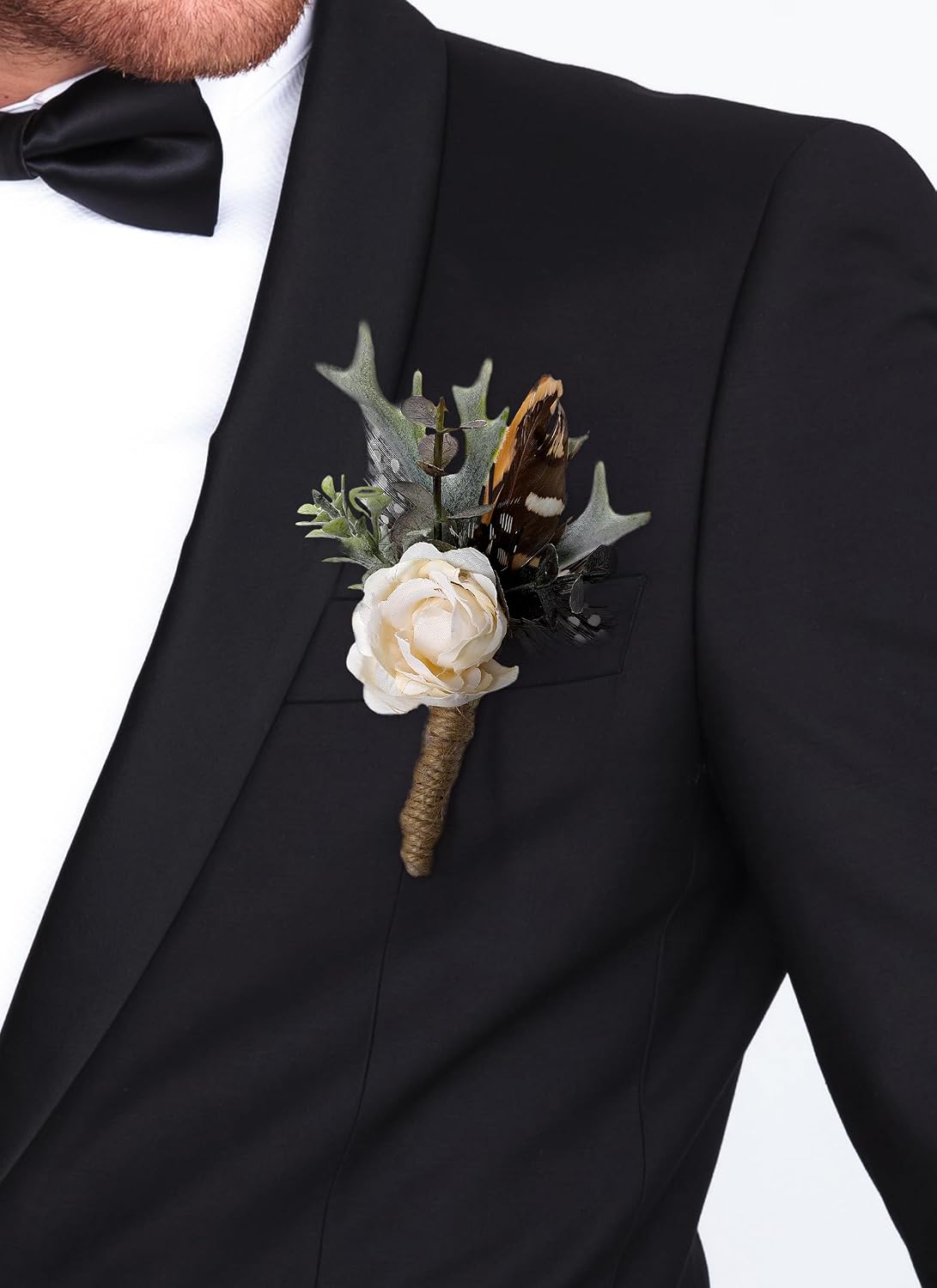 Rose Boutonniere for Men - Prom Boutonniere for Wedding Feather Rustic Boutonnieres for Groom Boho Corsage for Groomsmen Anniversary Formal Dinner Party Ceremony Celebration