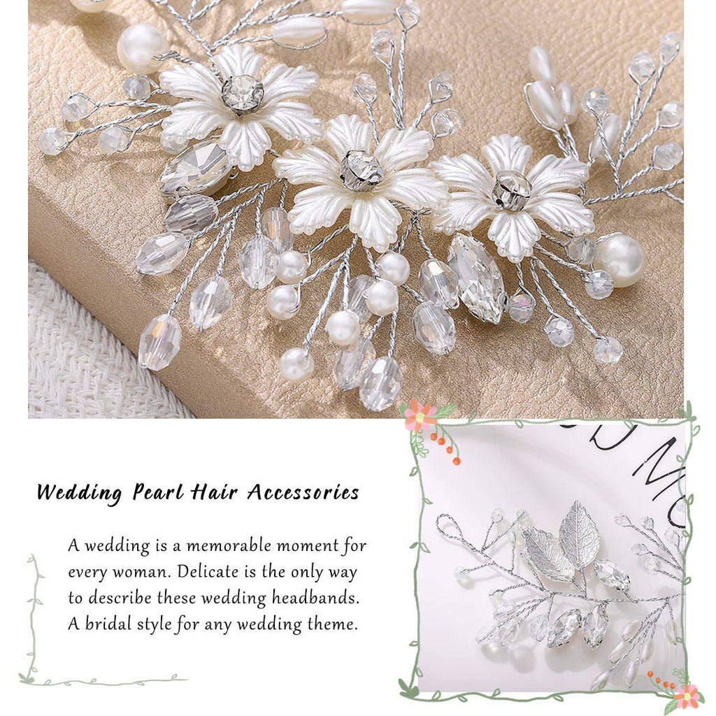 Unicra Bride Flower Wedding Hair Vine Leaf Silver Bridal Hair Piece Pearls Hair Accessories for Women