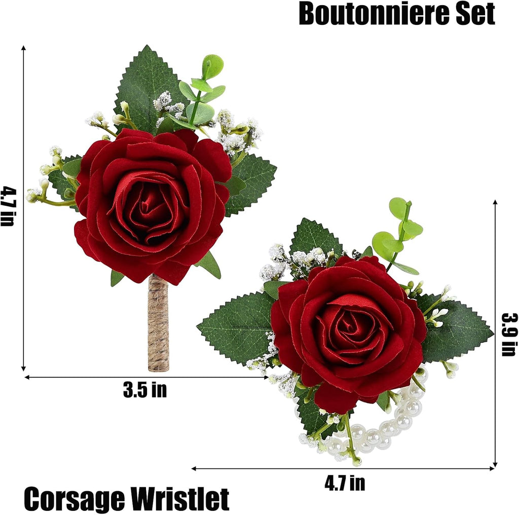 2Pcs Red Rose Corsage and Men Boutonniere Set, Wrist Band Bracelets, for Wedding Bride Bridesmaid Groom Groomsmen Flower Accessories Prom Party Man Suit Decor