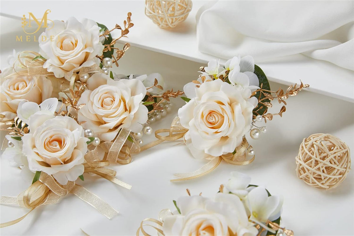 Women Champagne Faux Rose Wrist Corsages Set 6Pcs for Wedding Prom