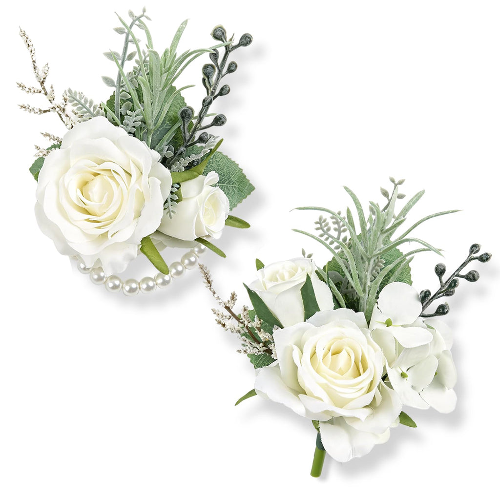 6Pcs Ivory White Faux Silk Rose Women Corsages Wristlet Wedding