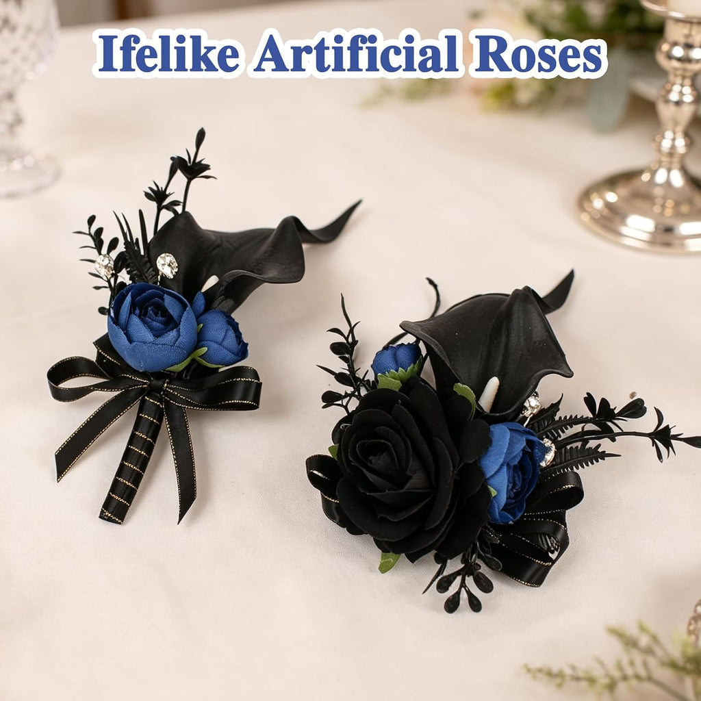 Black Rose Corsage & Boutonniere Set for Wedding