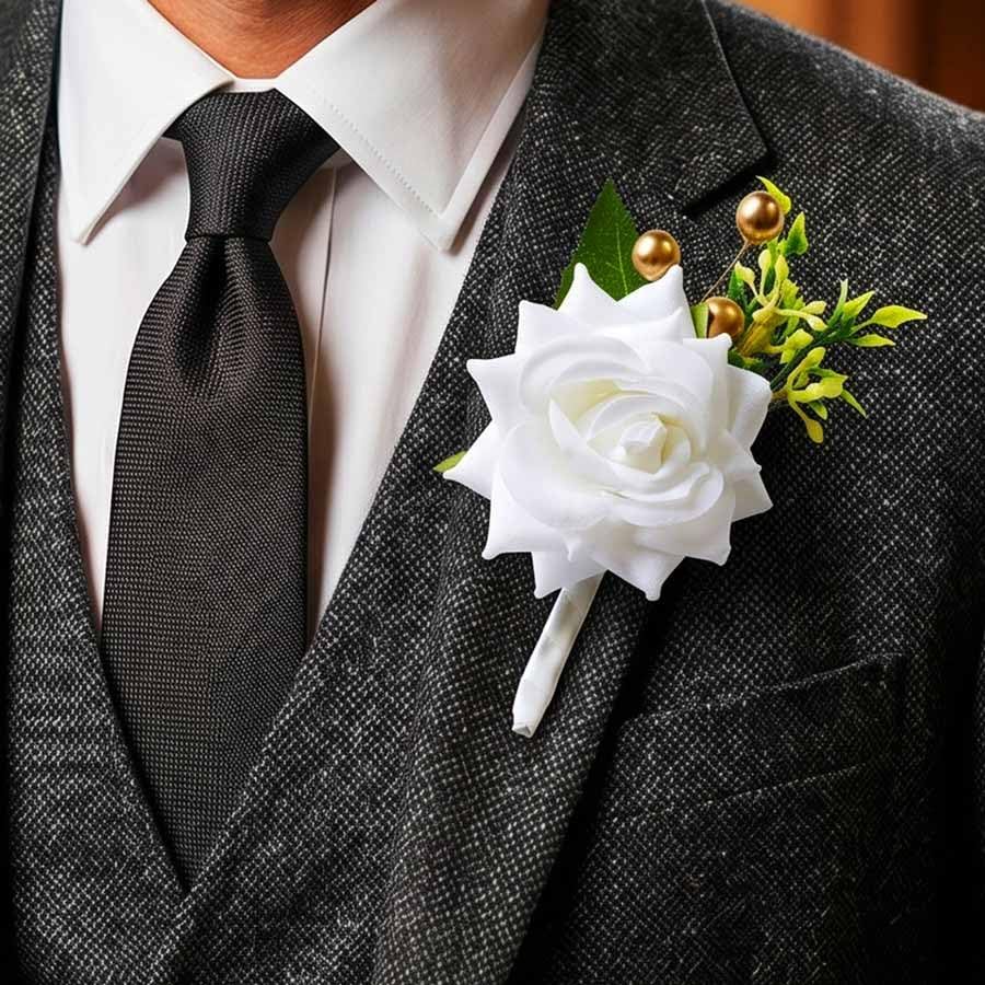 White Rose Boutonniere for Men Wedding Artificial Flower Boutonniere with Gold Beads for Groom Groomsmen Prom (White)