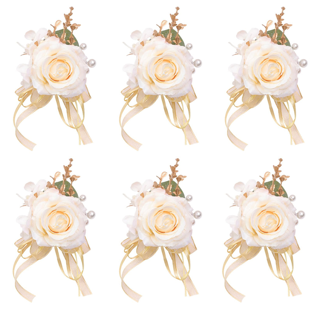 Women Champagne Faux Rose Wrist Corsages Set 6Pcs for Wedding Prom