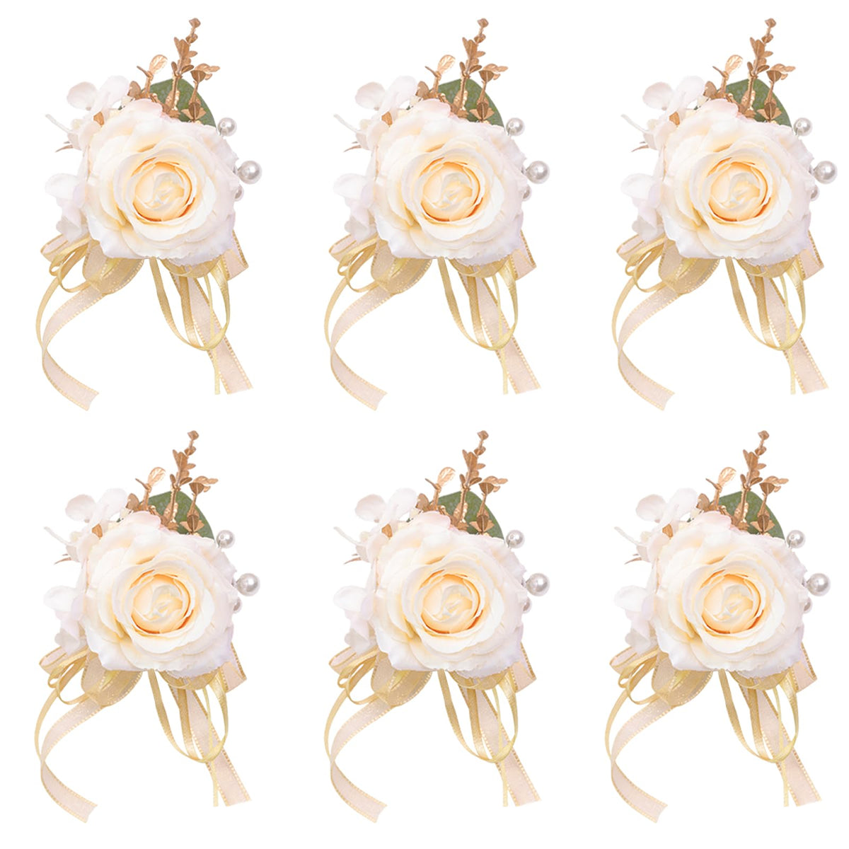 Women Champagne Faux Rose Wrist Corsages Set 6Pcs for Wedding Prom