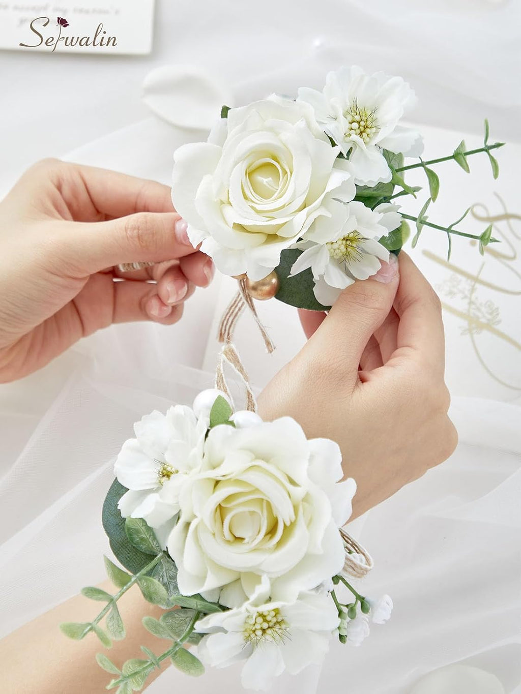 Serwalin Ivory White Rose Corsage and Boutonniere Set for Wedding Prom