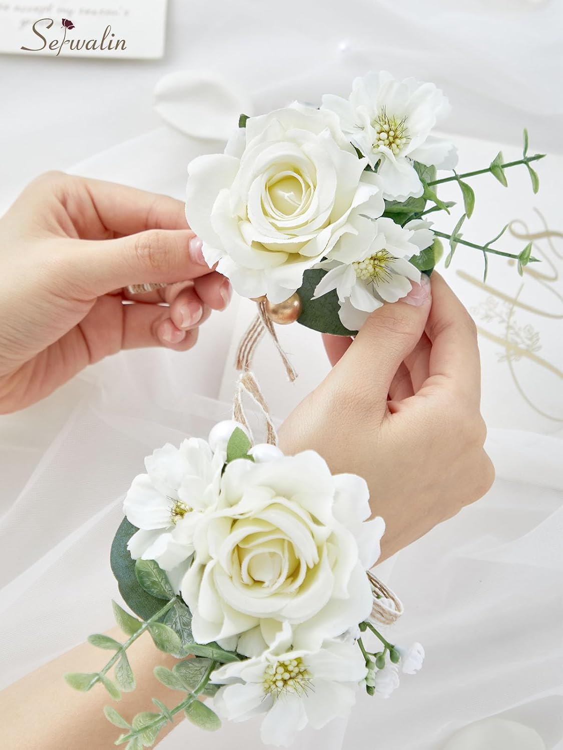 Serwalin Ivory White Rose Corsage and Boutonniere Set for Wedding Prom