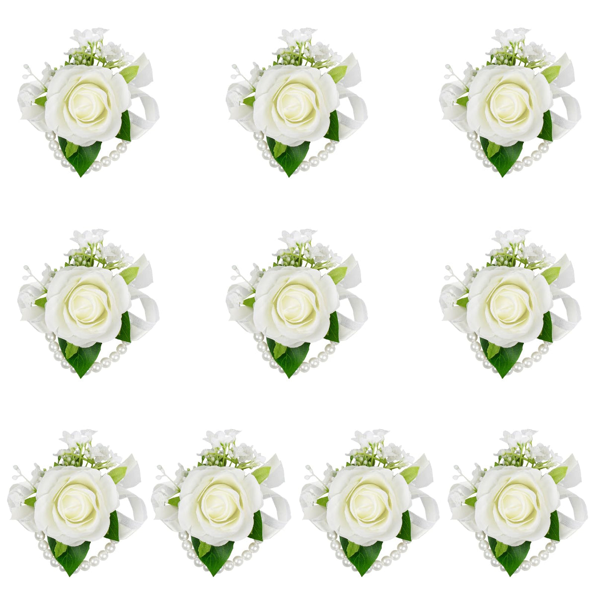 6Pcs Ivory White Faux Rose Wrist Corsages for Wedding, Dance Party
