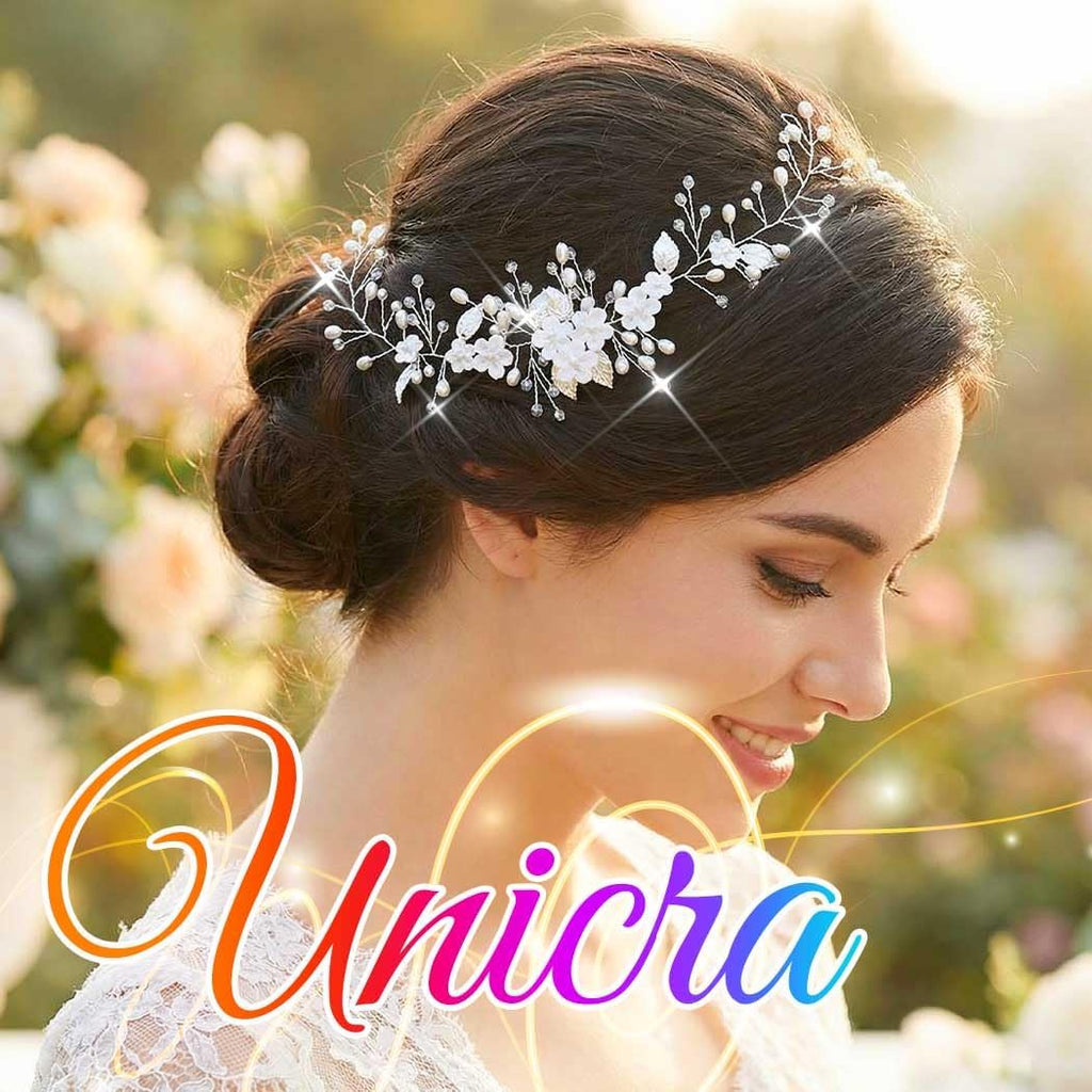 Unicra Flower Hair Vine Pearl Bridal Headpieces Wedding Hair Pieces Silver Prom Hair Accessories for Brides and Women (12.5 Inches)