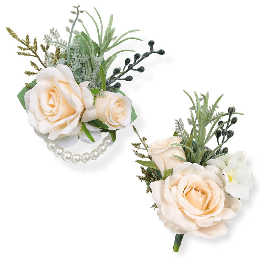 6Pcs Ivory White Faux Silk Rose Women Corsages Wristlet Wedding