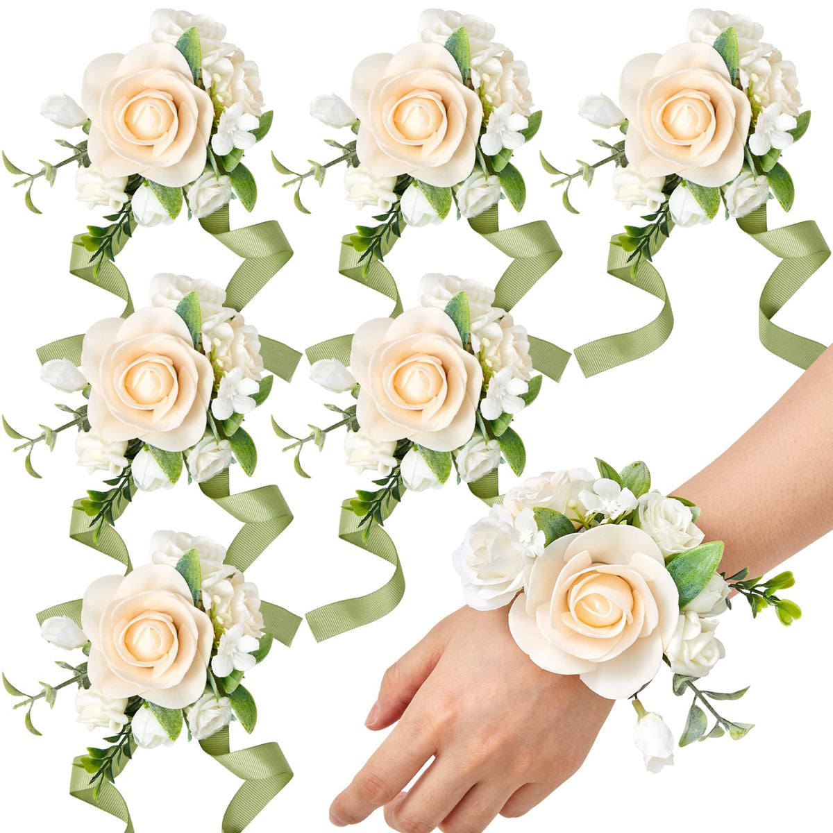 Serwalin 2Pcs Champagne Wrist Corsage Wristlet for Wedding Prom, 6-7Inch