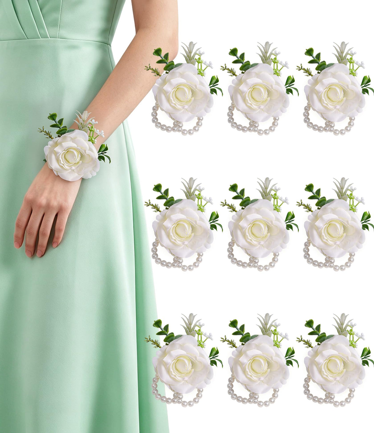 6Pcs Ivory White Rose Wrist Corsage for Women Wedding Prom Party