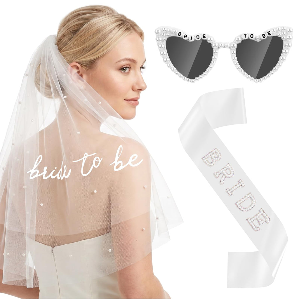 Erythem Bride to Be Set with Veil, Sash & Sunglasses, Bachelorette Party Accessories for Bridal Shower Engagement Wedding