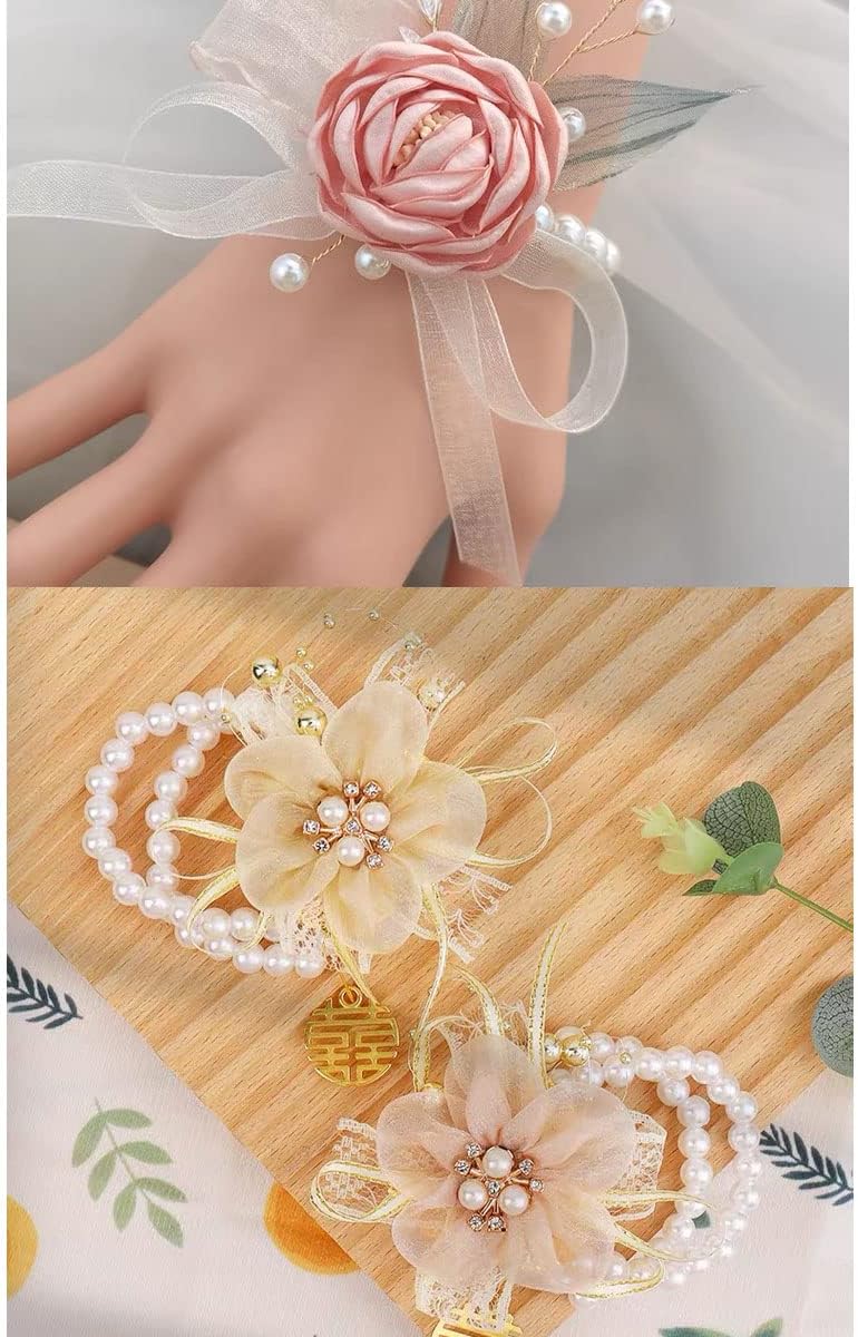 6PCS Pearl Wrist Corsage Bands Bride Elastic Pearl Wristband Corsage DIY Stretch Pearl Wedding Wrist Handmade Corsage Accessories for Wedding Party Bride Bridesmaid