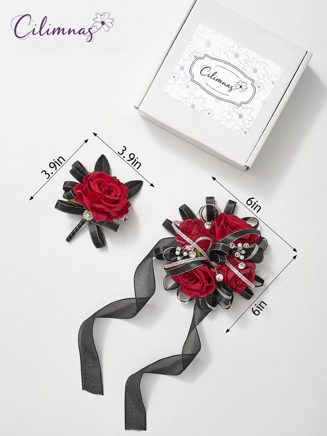 Red and Black Corsage and Boutonniere Set for Wedding Prom