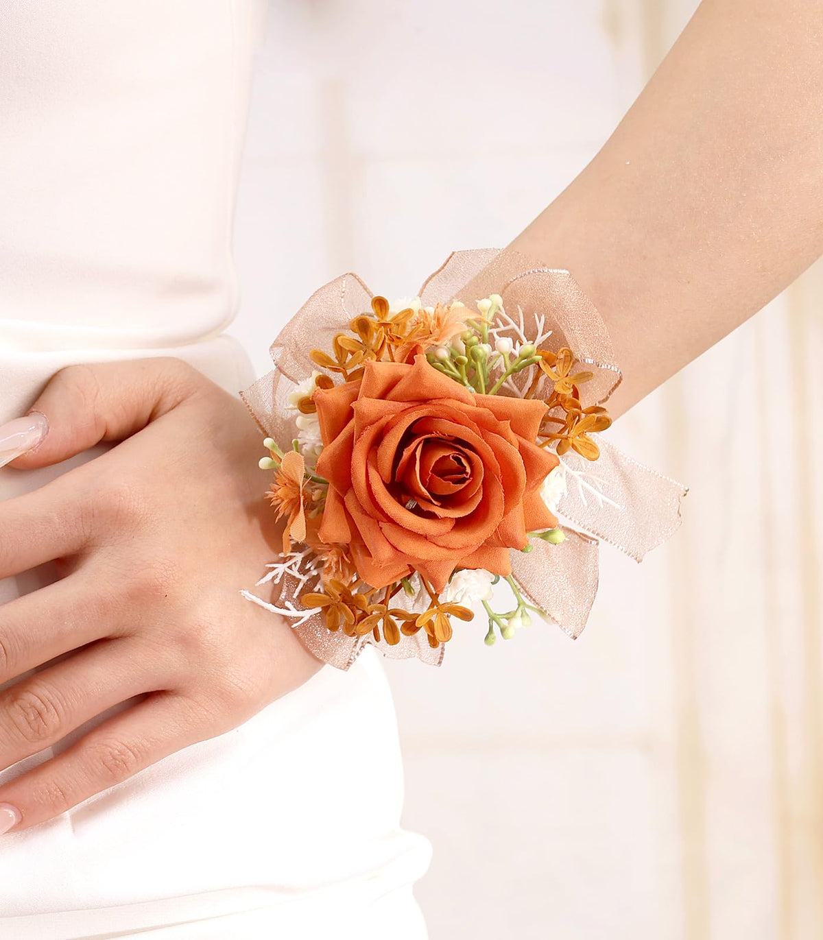 Bethynas Bridal Prom Rose Wrist Corsage Artificial Flower Pearl Wristlet Bridesmaid Hand Flower Bracelet Wristband for Wedding Ceremony Party (Pearl Flower - White)