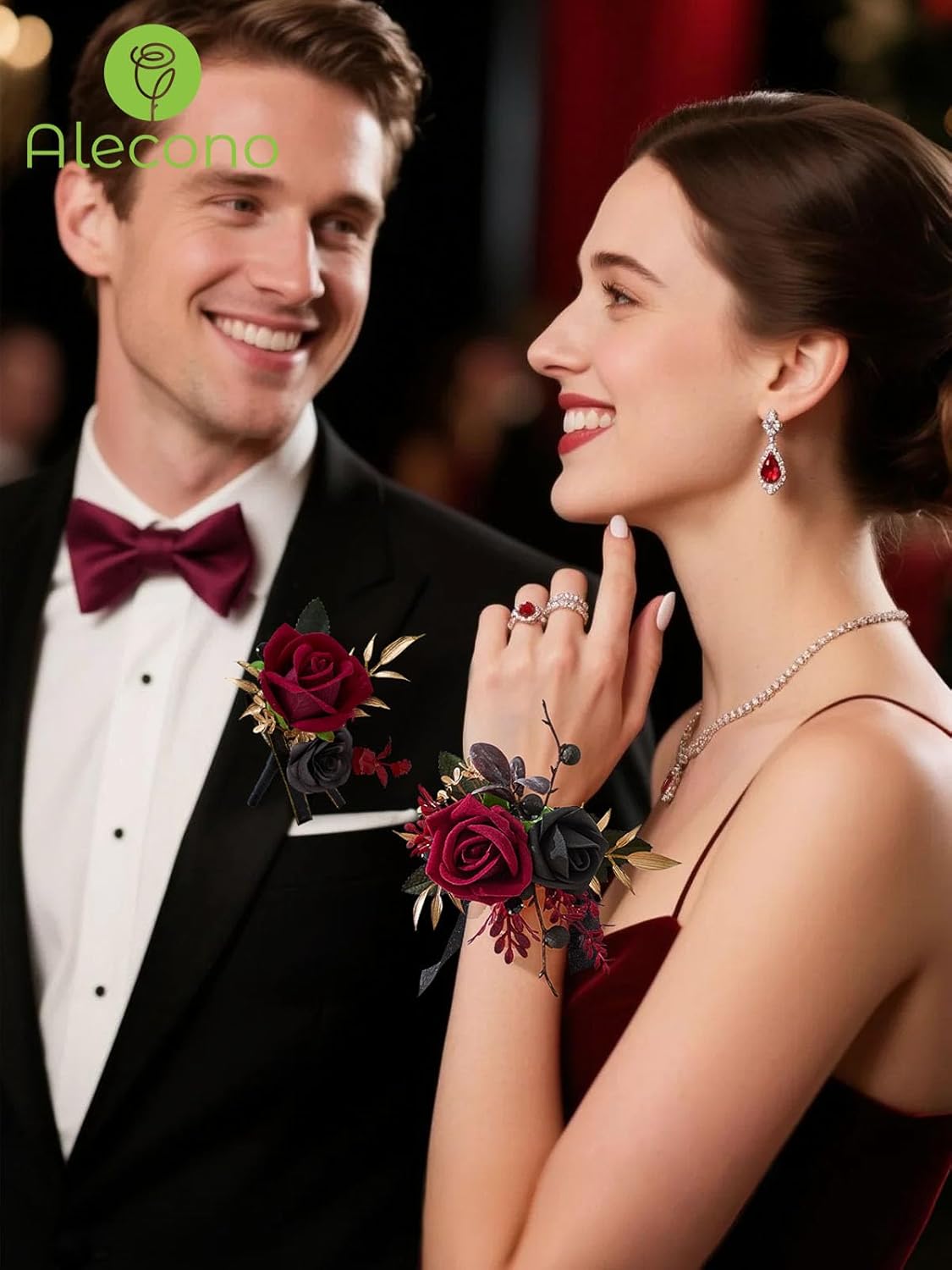 Alecono Burgundy Corsage and Boutonniere Set Red Black Rose Wristlet