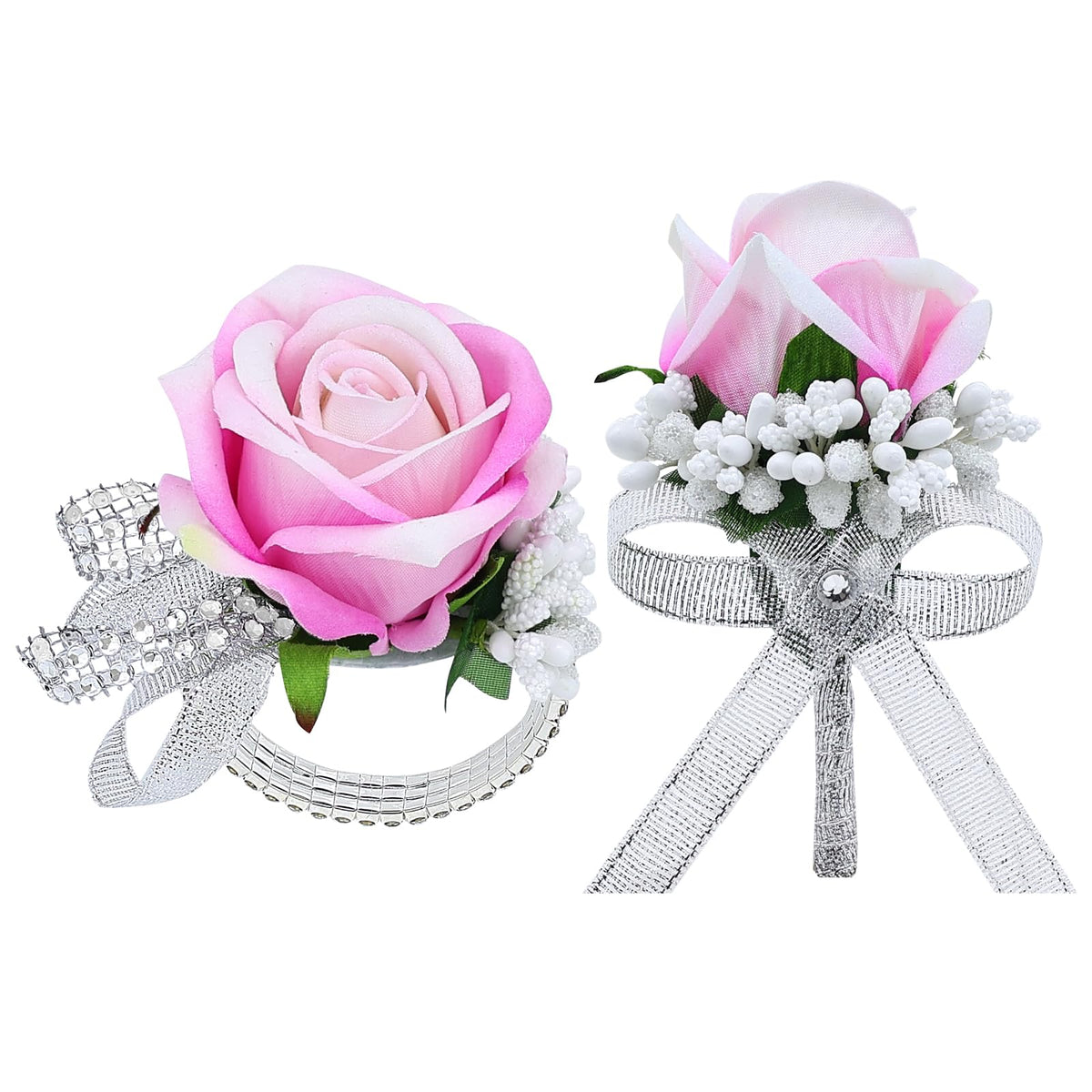 2Pcs Black Rose Corsage and Men Boutonniere Set Women Wristlet Band Wrist Bracelets, for Prom Wedding Ceremony Flowers Decorations and Homecoming Party Accessories