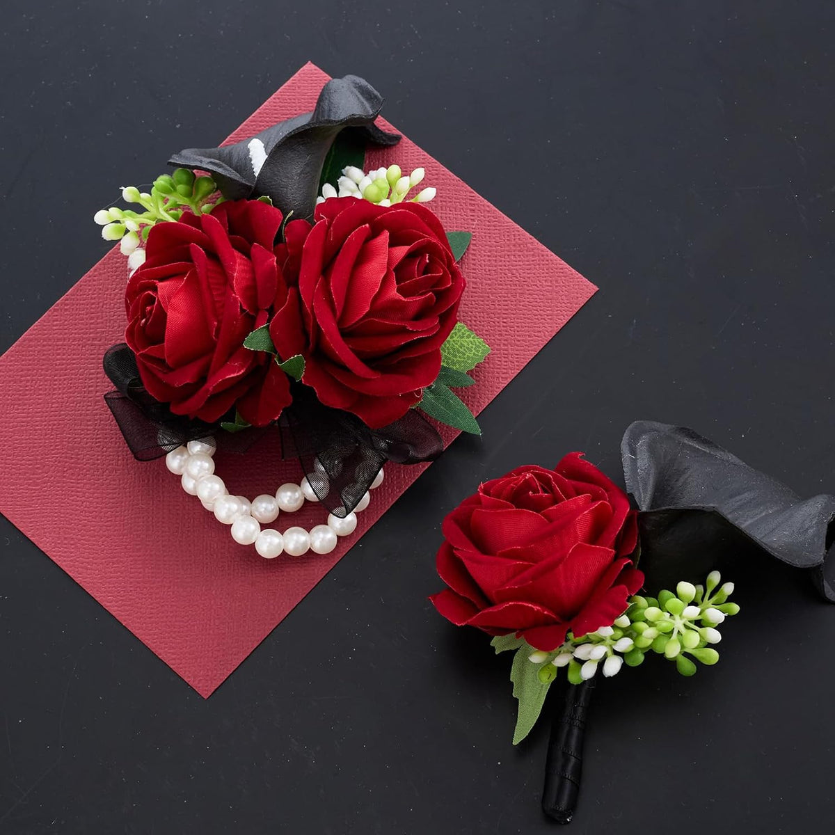 Red Rose Wrist Corsage Wristlet Band Bracelet and Boutonniere Set for Men Women Red Wedding Flower Prom Suit Accessories