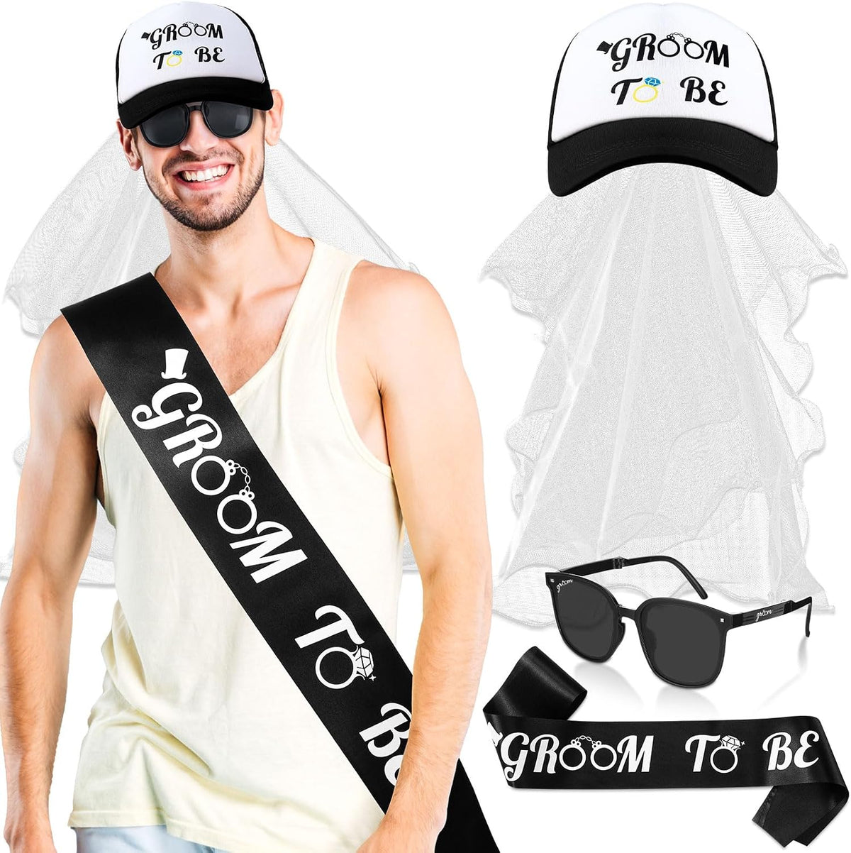 JaGely 4 Pcs Groom to Be Sash Hat Bachelor Party Accessory