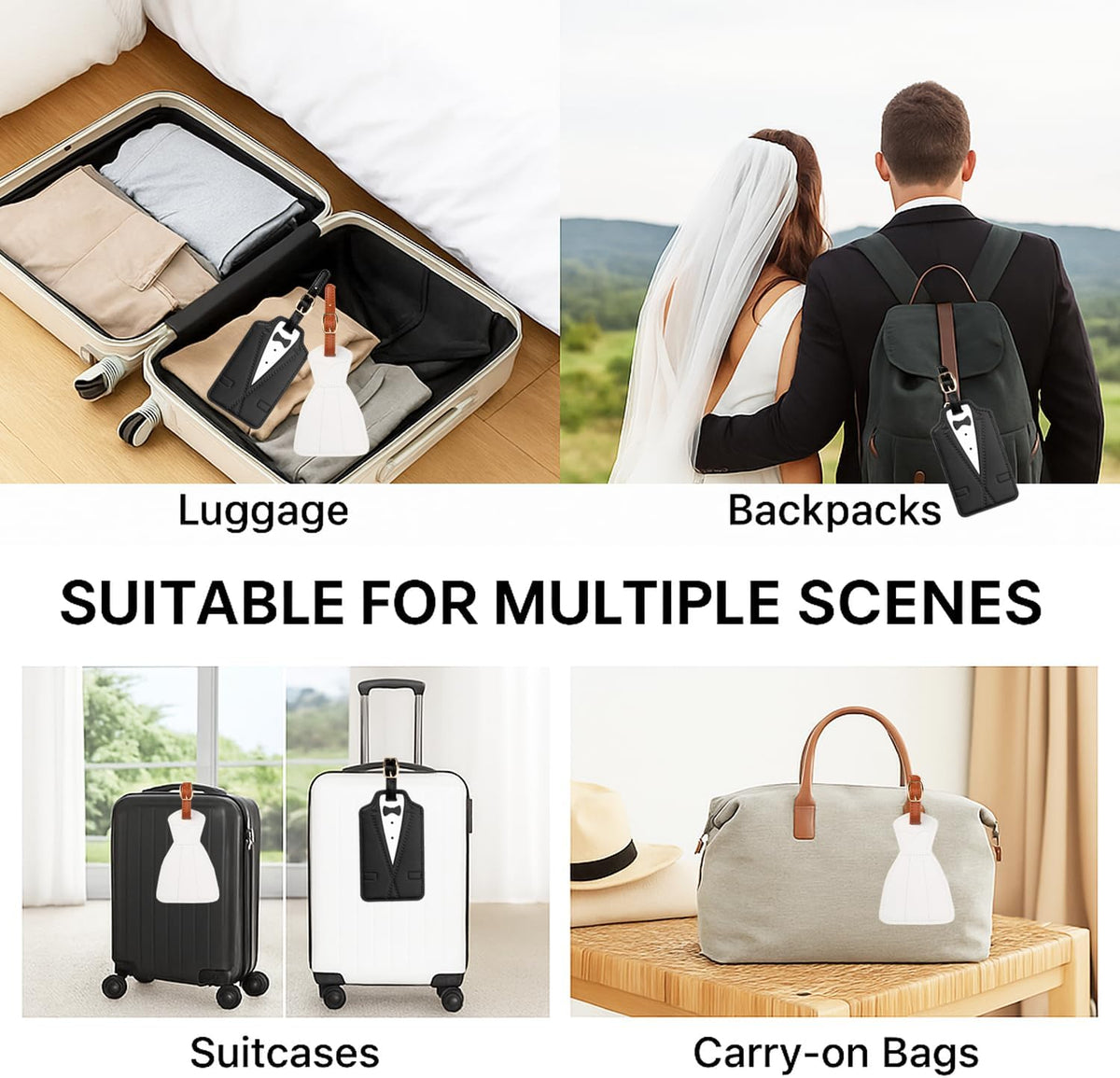 Luggage Tags for Couples, Bride & Groom Wedding Dress and Tuxedo Suitcase Tags, Luggage Tag for Honeymoon Travel, Bridal Showers, Weddings, Travel Accessories for Couples (Bride Groom Shape)