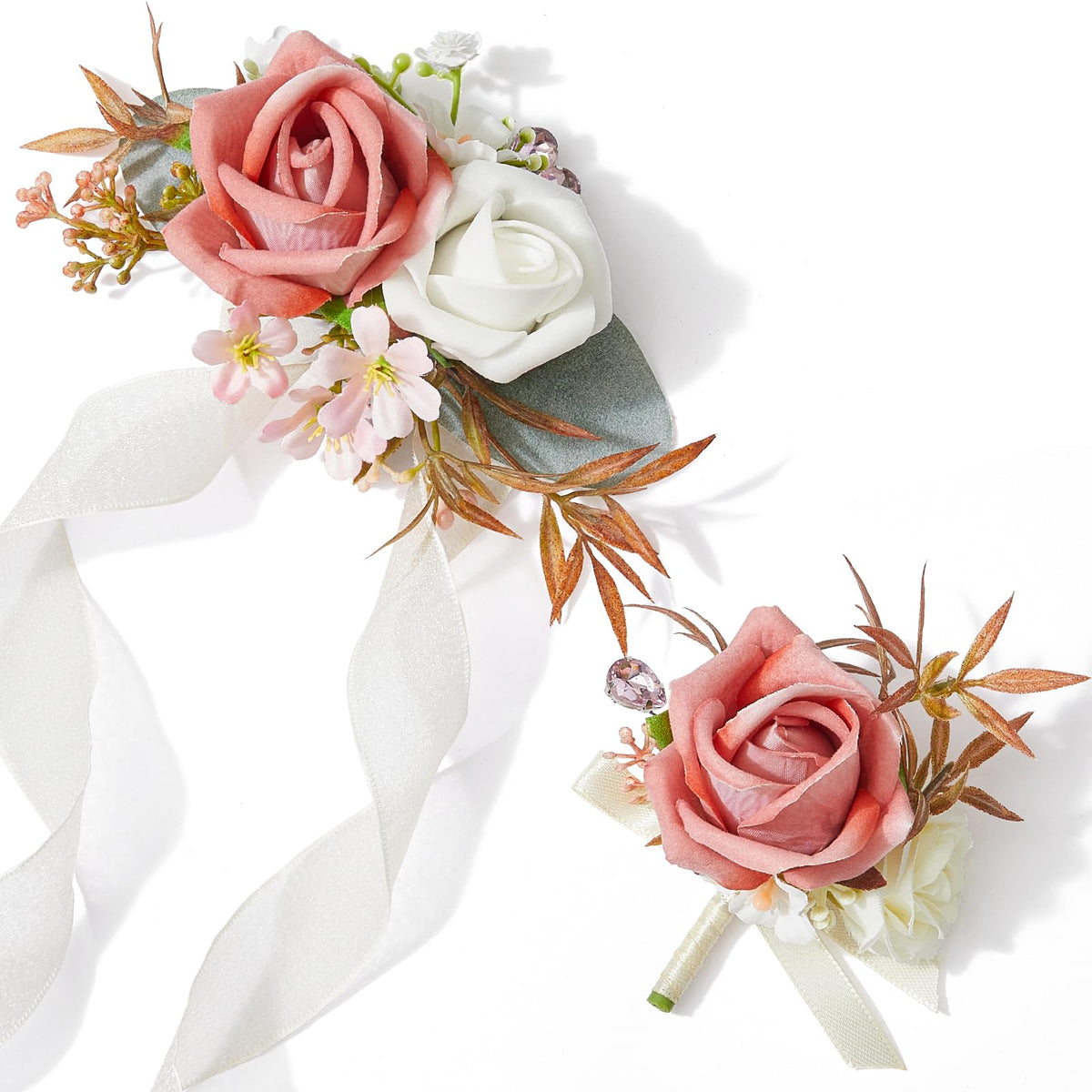 Alecono Burgundy Corsage and Boutonniere Set Red Black Rose Wristlet