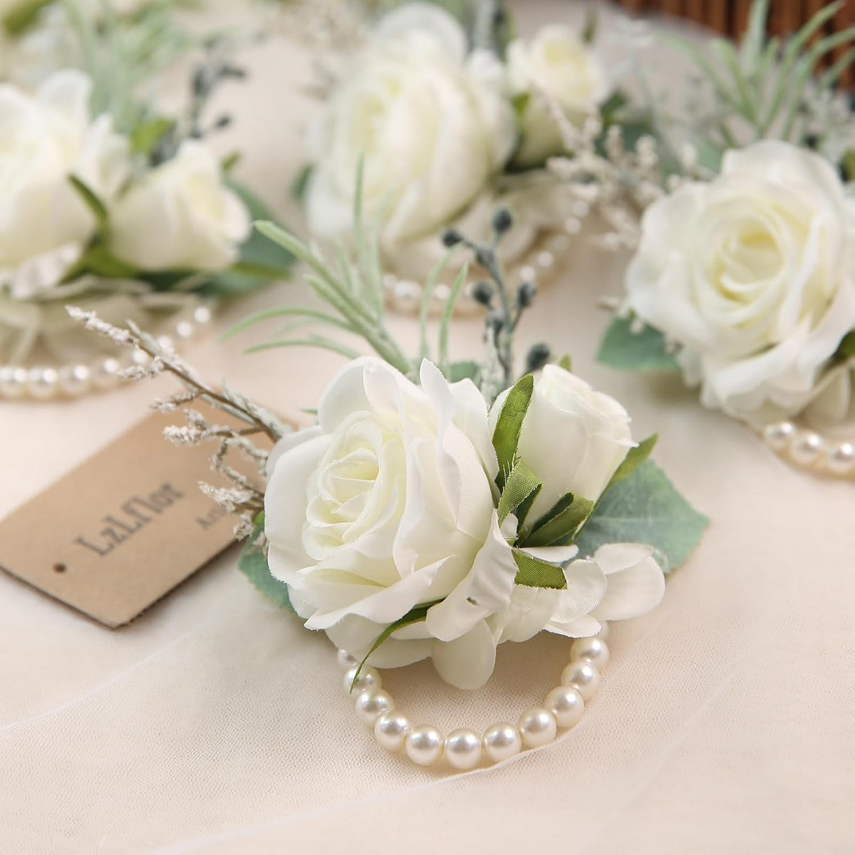 6Pcs Ivory White Faux Silk Rose Women Corsages Wristlet Wedding
