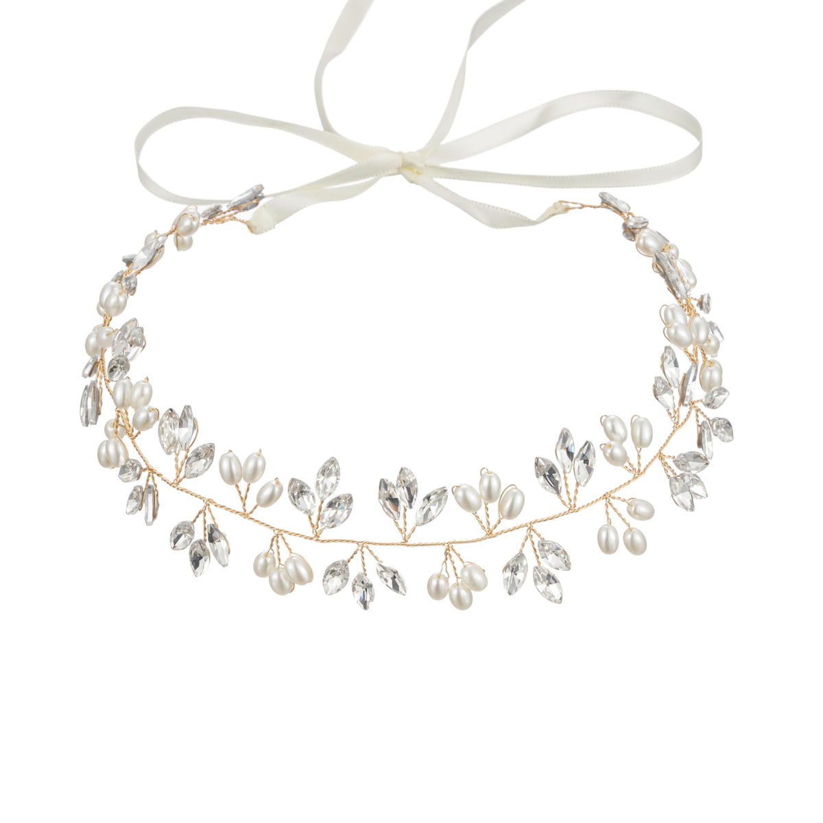 527&huan White Flowers Pearls Bridal Headband, Handmade Silver Wire Woven Wedding Hair Vine with Satin Ribbon, Lightweight Wedding Hair Accessory for Bride Flower Girl Bridesmaid Prom Pageant