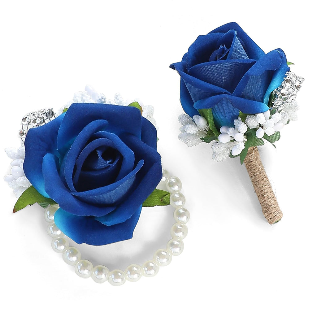 Floroom Ivory Rose Wrist Corsage Wristlet Band Bracelet and Men Boutonniere Set for White Wedding Flower Accessories Prom Suit Decorations