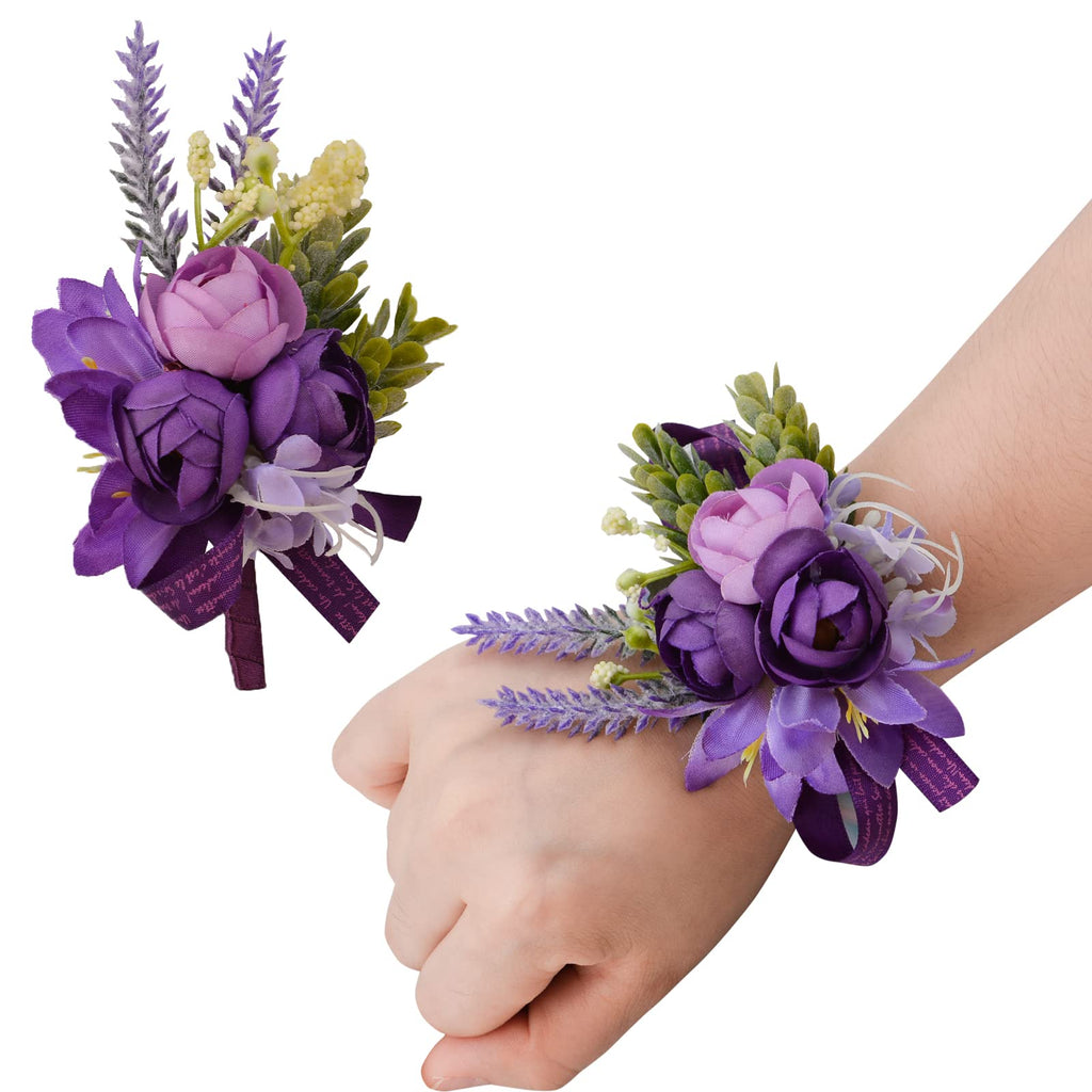 Wrist Corsage and Boutonniere Set, 1 Set Small Rose Purple Hand Flower for Prom Artificial Wedding Wrist Corsage for Wedding Party Prom
