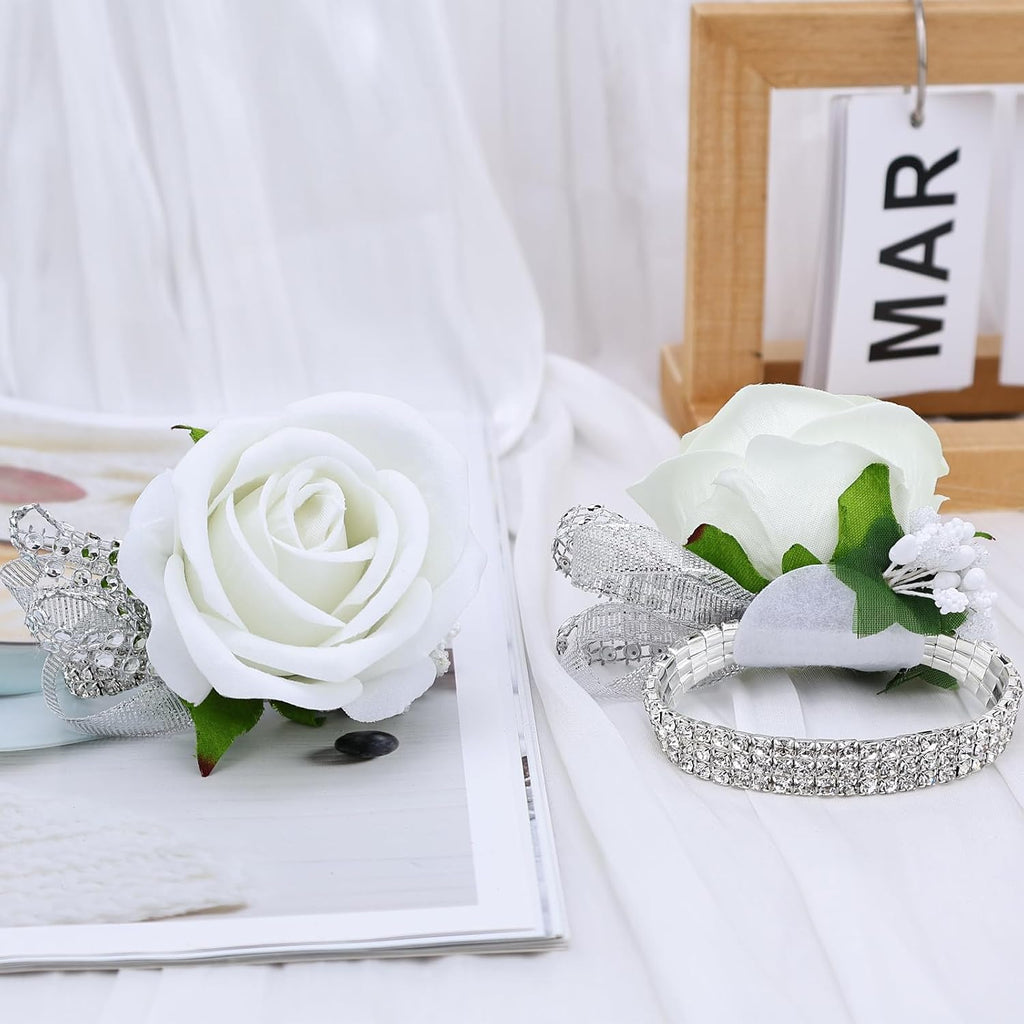 Set of 2 Wrist Corsage Wristlet for Wedding Prom Women Bride Bridesmaid Artificial Rose Flower Decorations Homecoming Anniversary Party (White)