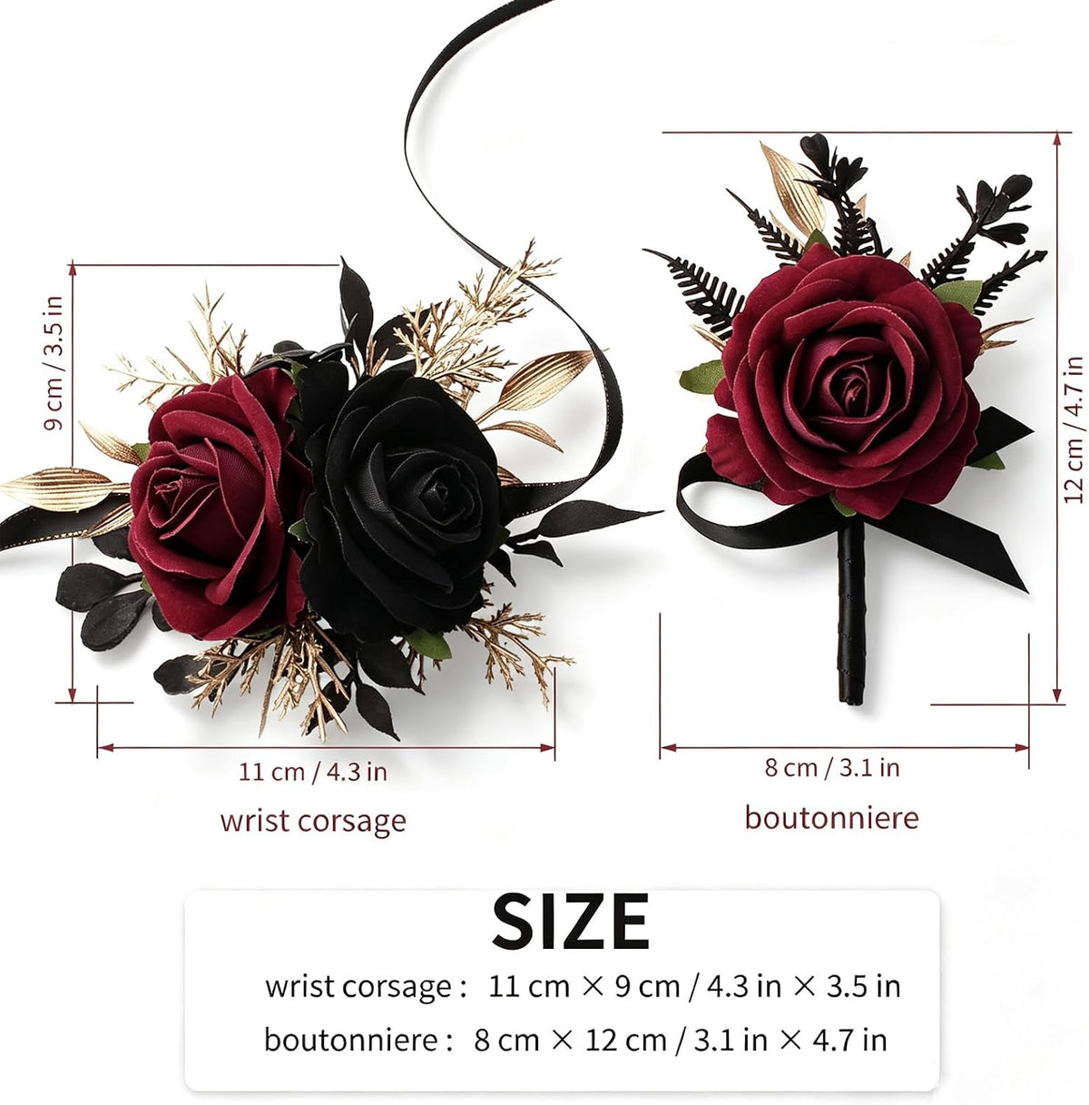 Burgundy and Black Wrist Corsage Wristlet and Boutonniere Set