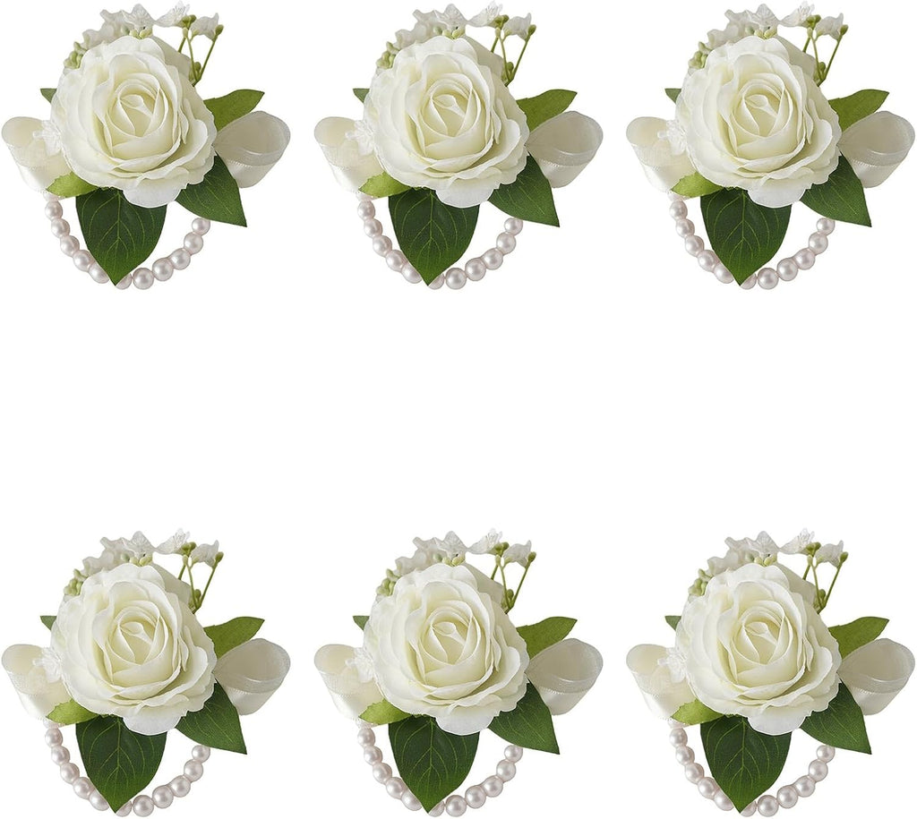6Pcs Ivory White Faux Rose Wrist Corsages for Wedding, Dance Party