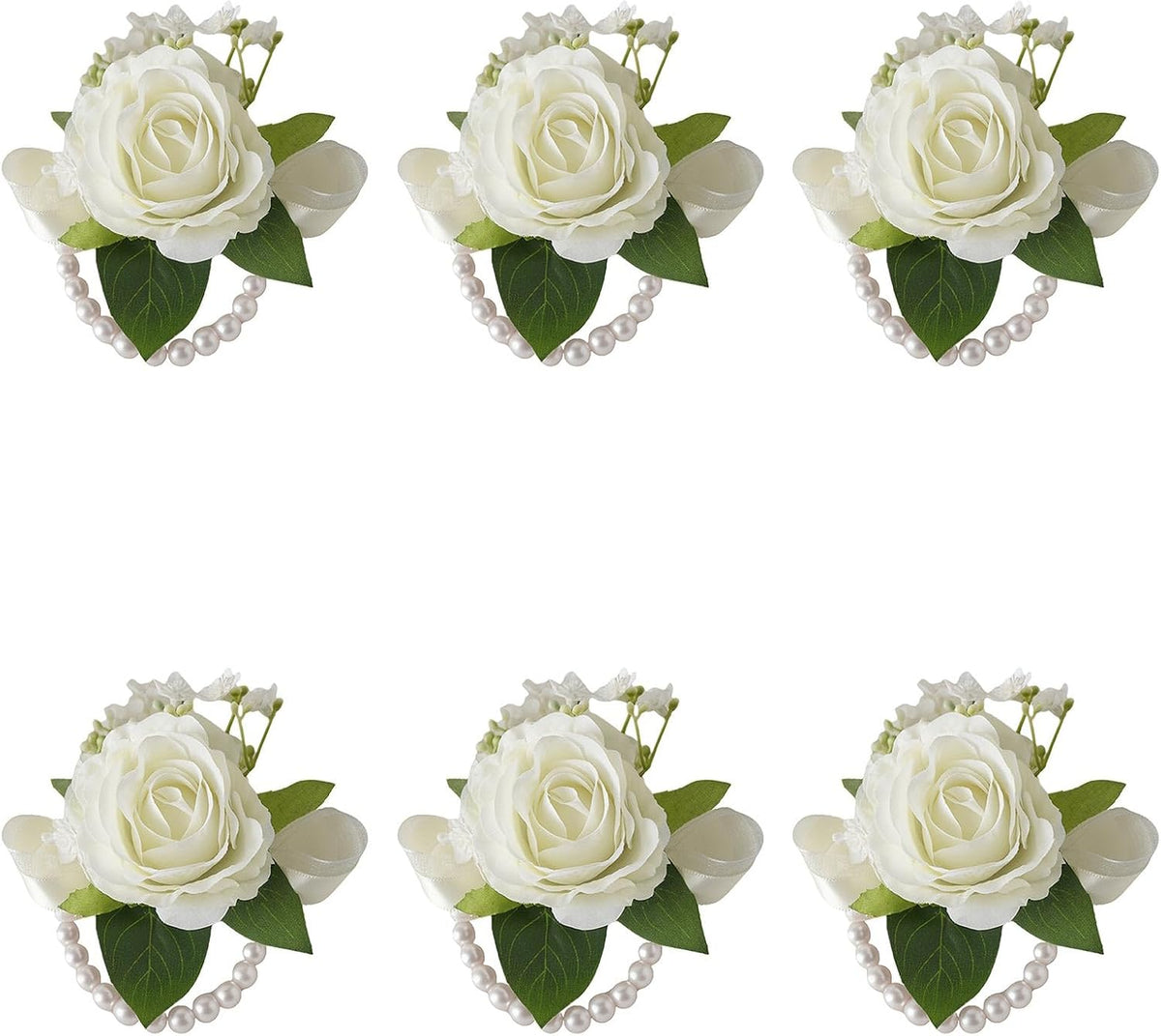 6Pcs Ivory White Faux Rose Wrist Corsages for Wedding, Dance Party