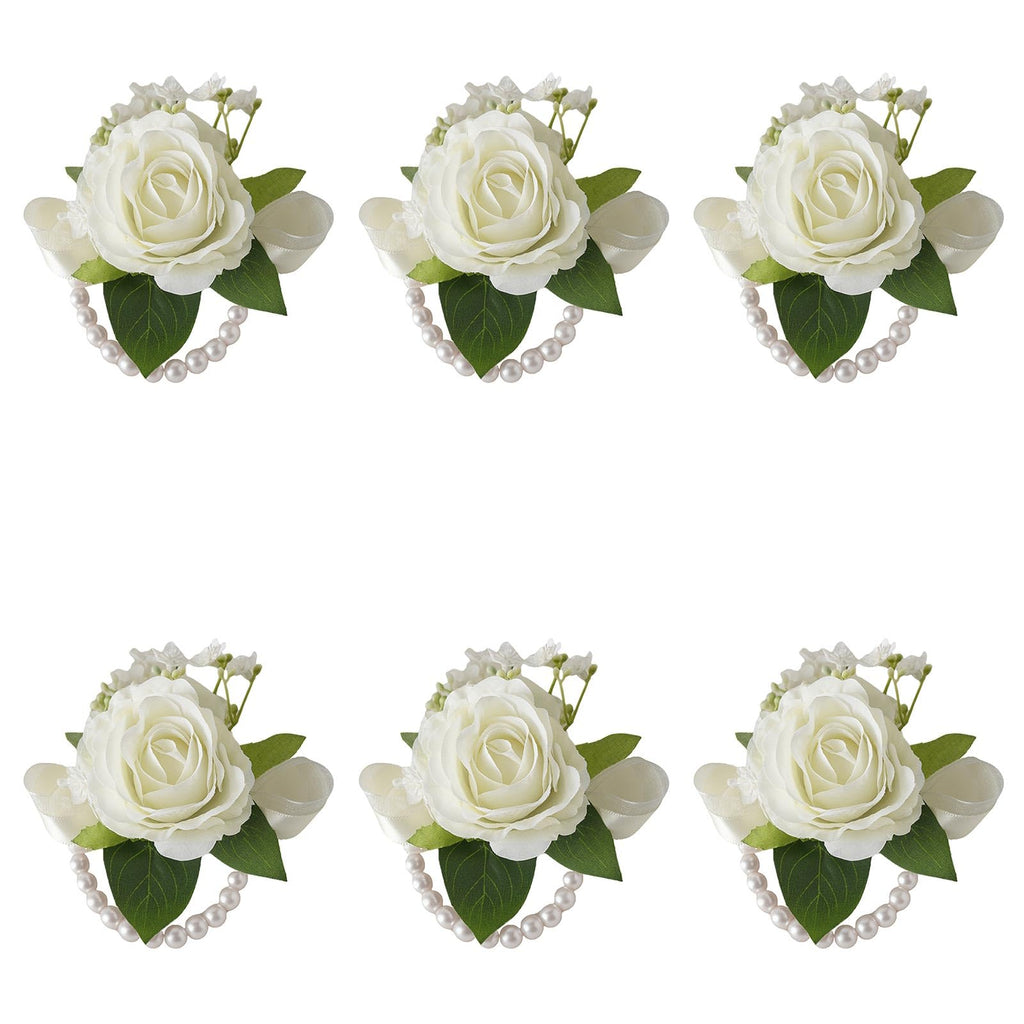 6Pcs Ivory White Faux Rose Wrist Corsages for Wedding, Dance Party