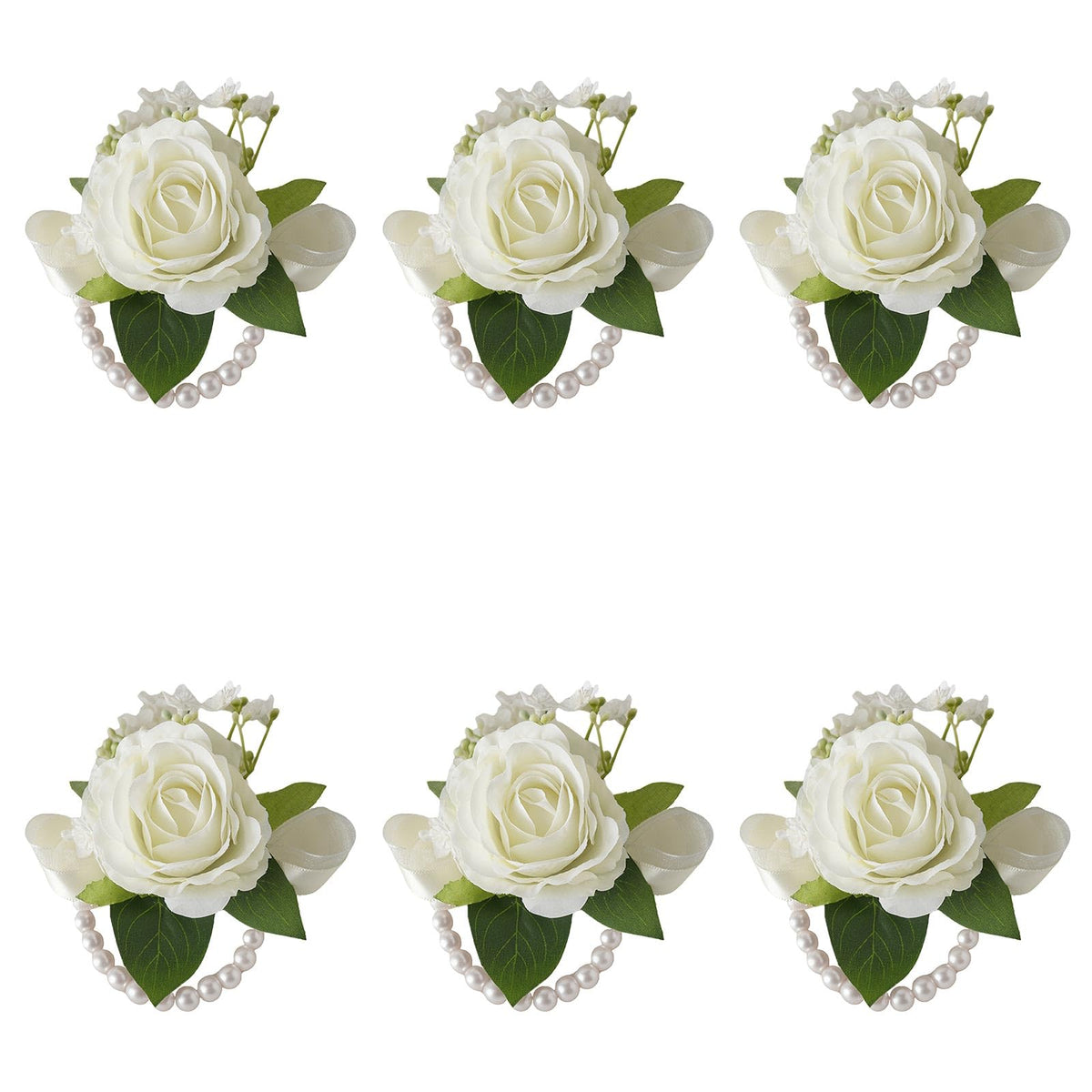 6Pcs Ivory White Faux Rose Wrist Corsages for Wedding, Dance Party