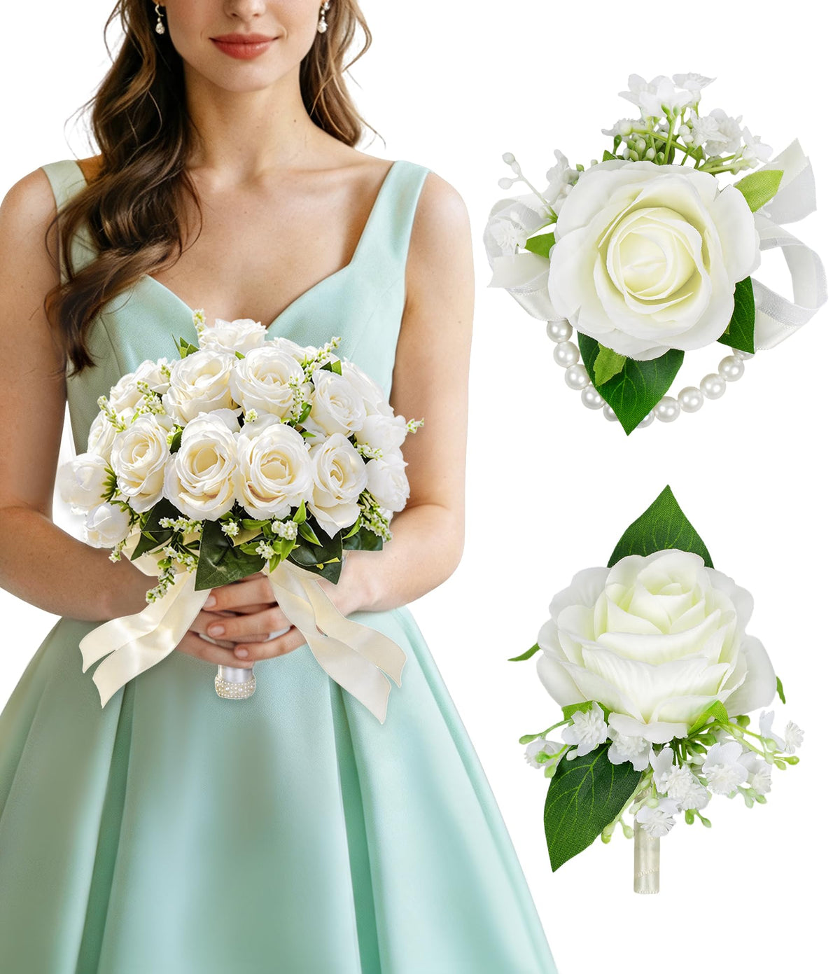 6Pcs Ivory White Faux Rose Wrist Corsages for Wedding, Dance Party