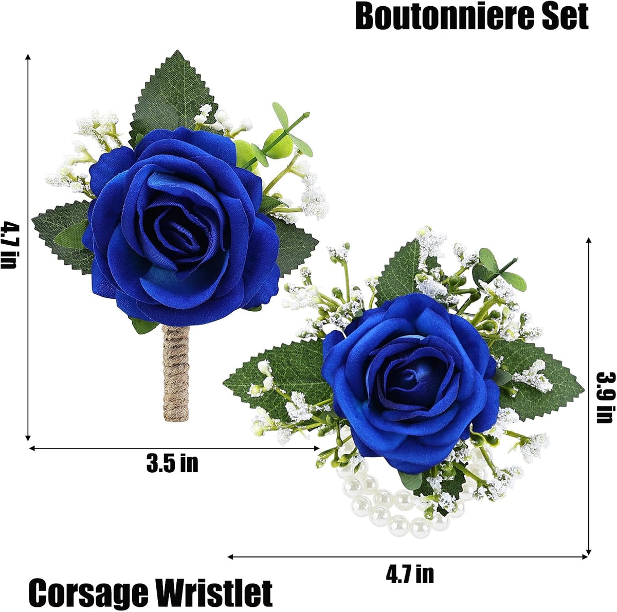 2Pcs Royal Blue Rose Corsage and Men Boutonniere Set, Wrist Band Bracelets, for Wedding Bride Bridesmaid Groom Groomsmen Flower Accessories Prom Party Man Suit Decor