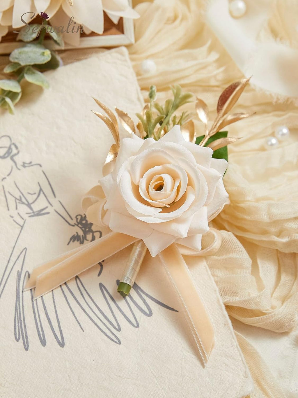 Serwalin Champagne Rose Corsage and Boutonniere Set for Wedding Prom Party