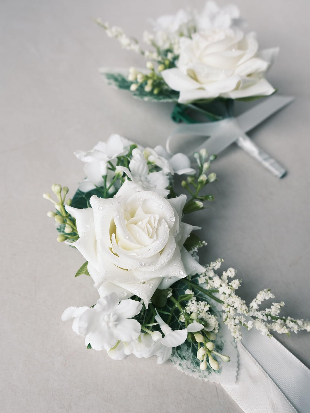 White Rose Wrist Corsage and Boutonniere Set with Ribbon Ties Wedding Prom Formal Accessories (White Style 3)