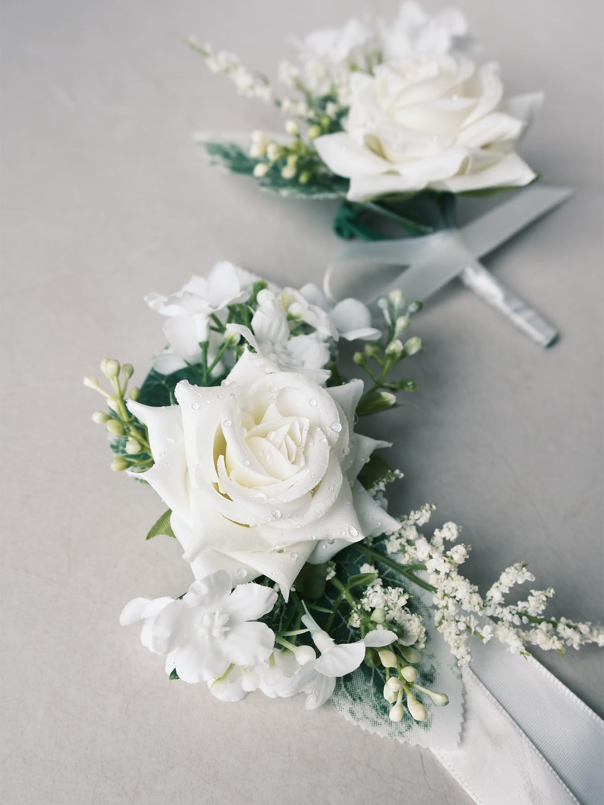 White Rose Wrist Corsage and Boutonniere Set with Ribbon Ties Wedding Prom Formal Accessories (White Style 3)