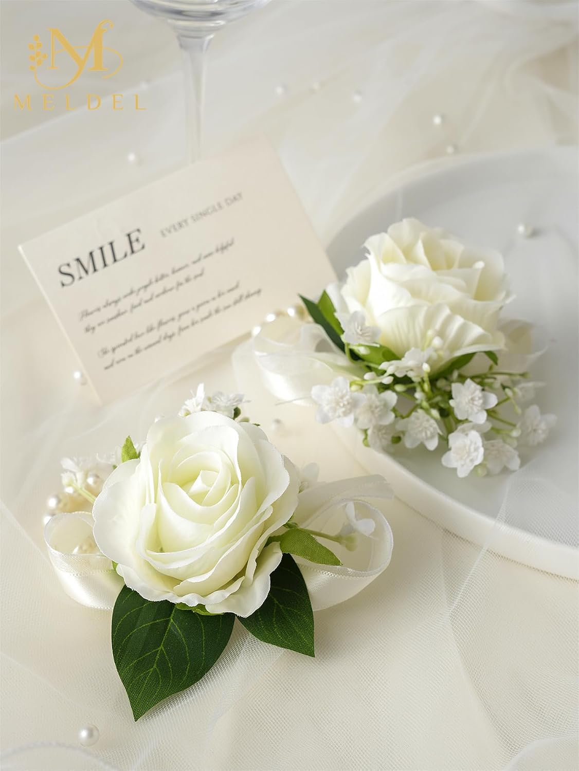 6Pcs Ivory White Faux Rose Wrist Corsages for Wedding, Dance Party